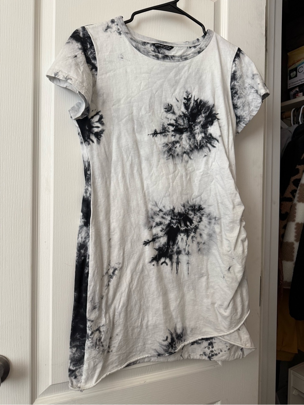 SHEIN Black & White Tie-Dye Ruched T-Shirt Dress